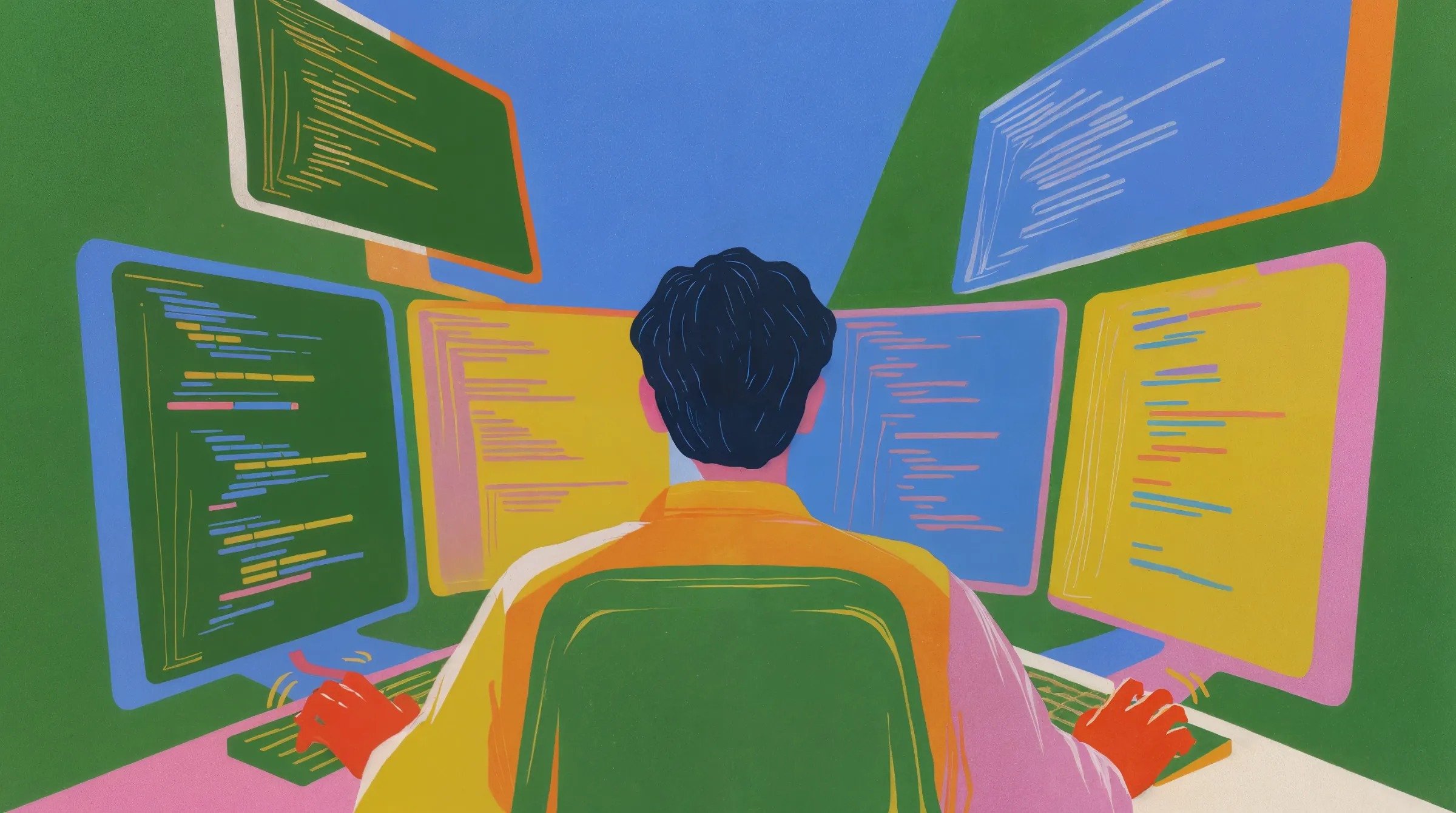 Illustration of a developer at a wall of code-filled monitors