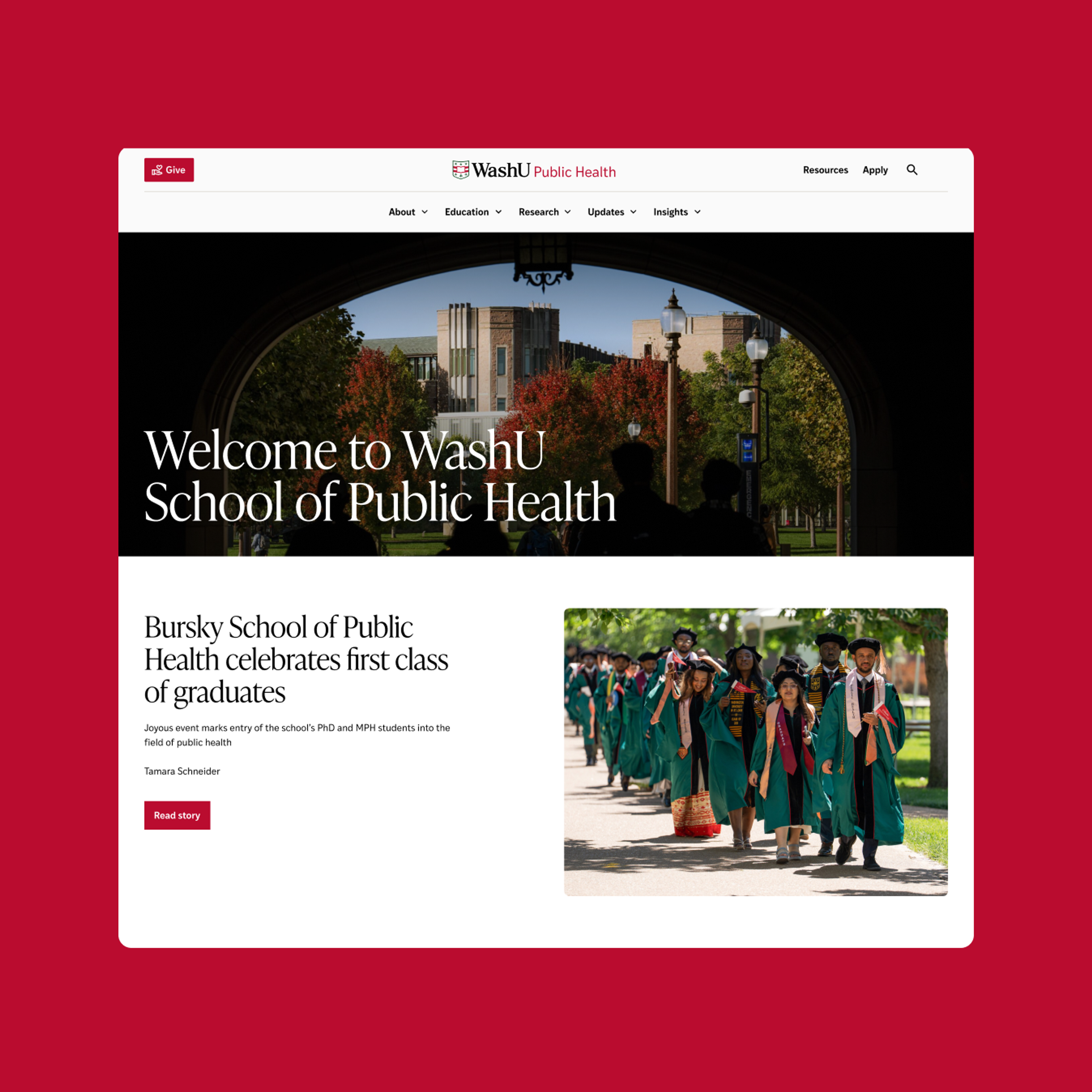 WashU website homepage on a red background