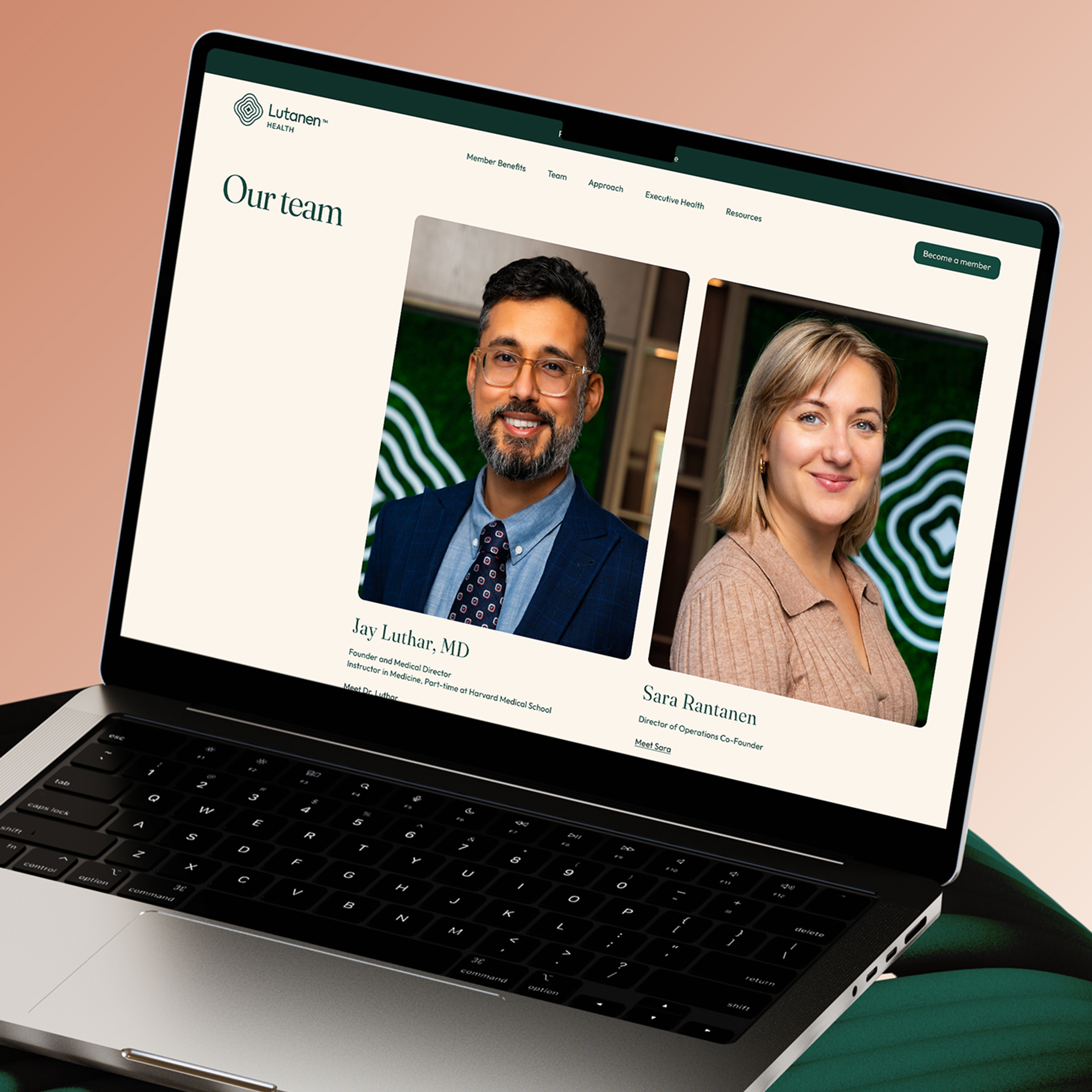 Laptop screen showing the team section of the Lutanen website
