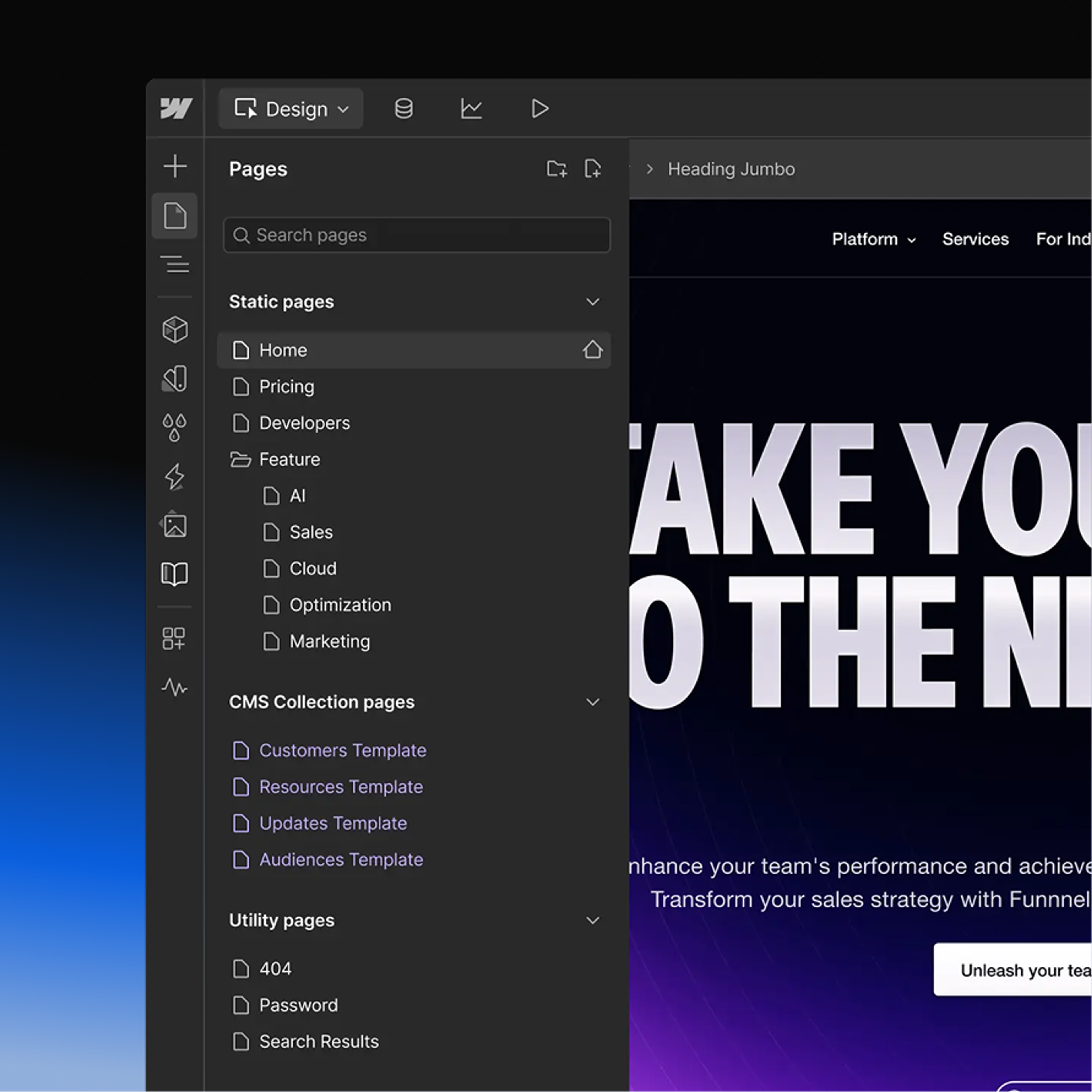 The Webflow designer with a site's page list open beside the canvas