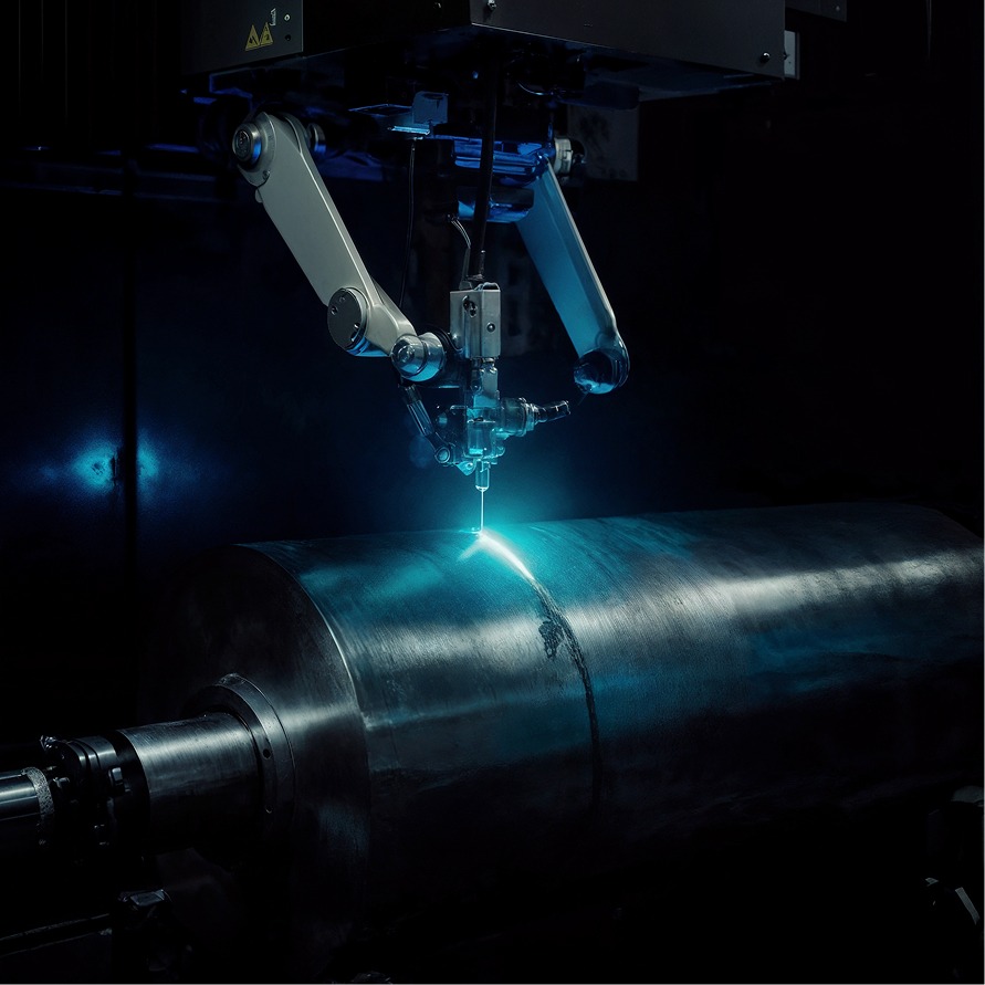 A robotic arm laser-welding a steel cylinder in a dark workshop