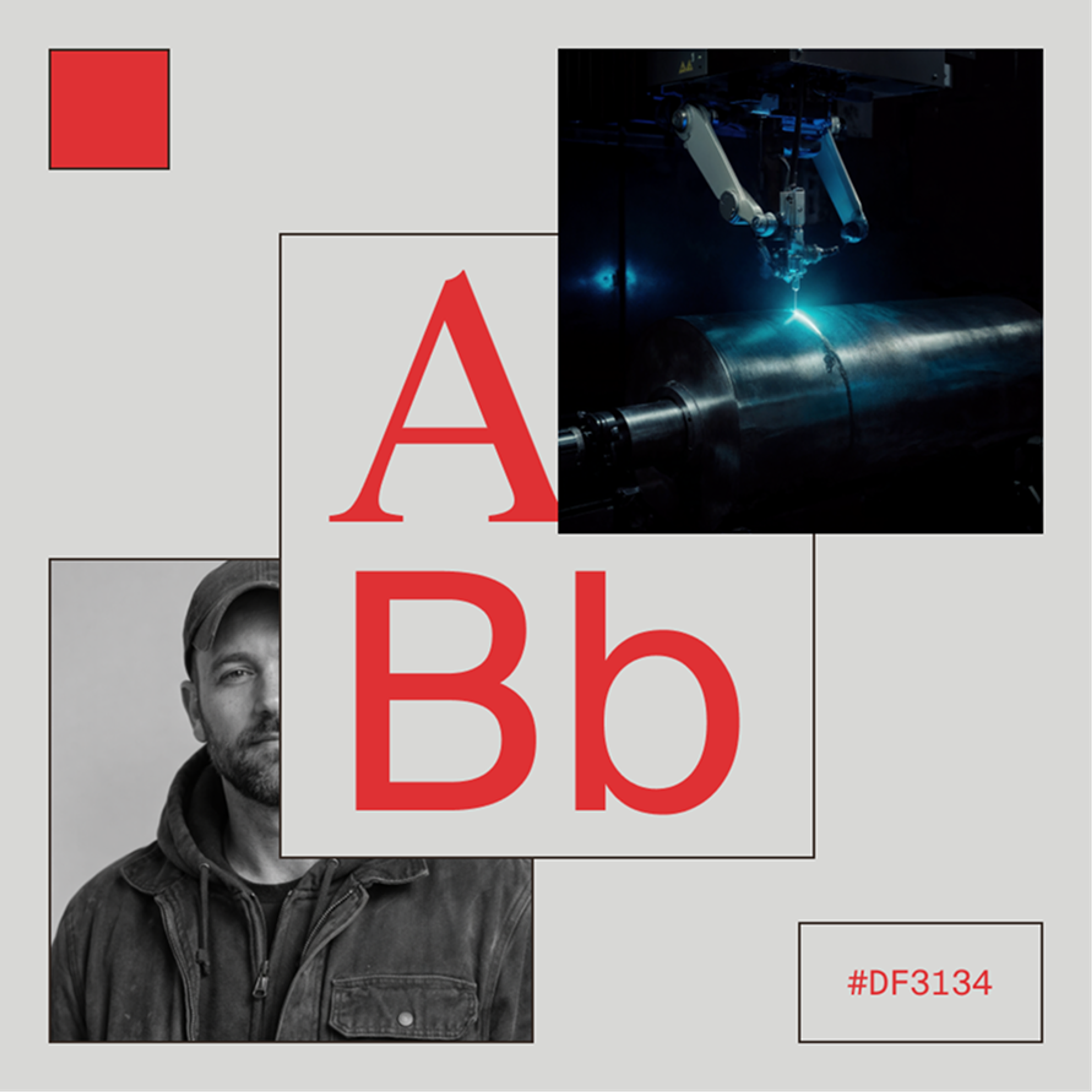 A brand board — a red type specimen, a portrait and the welding shot