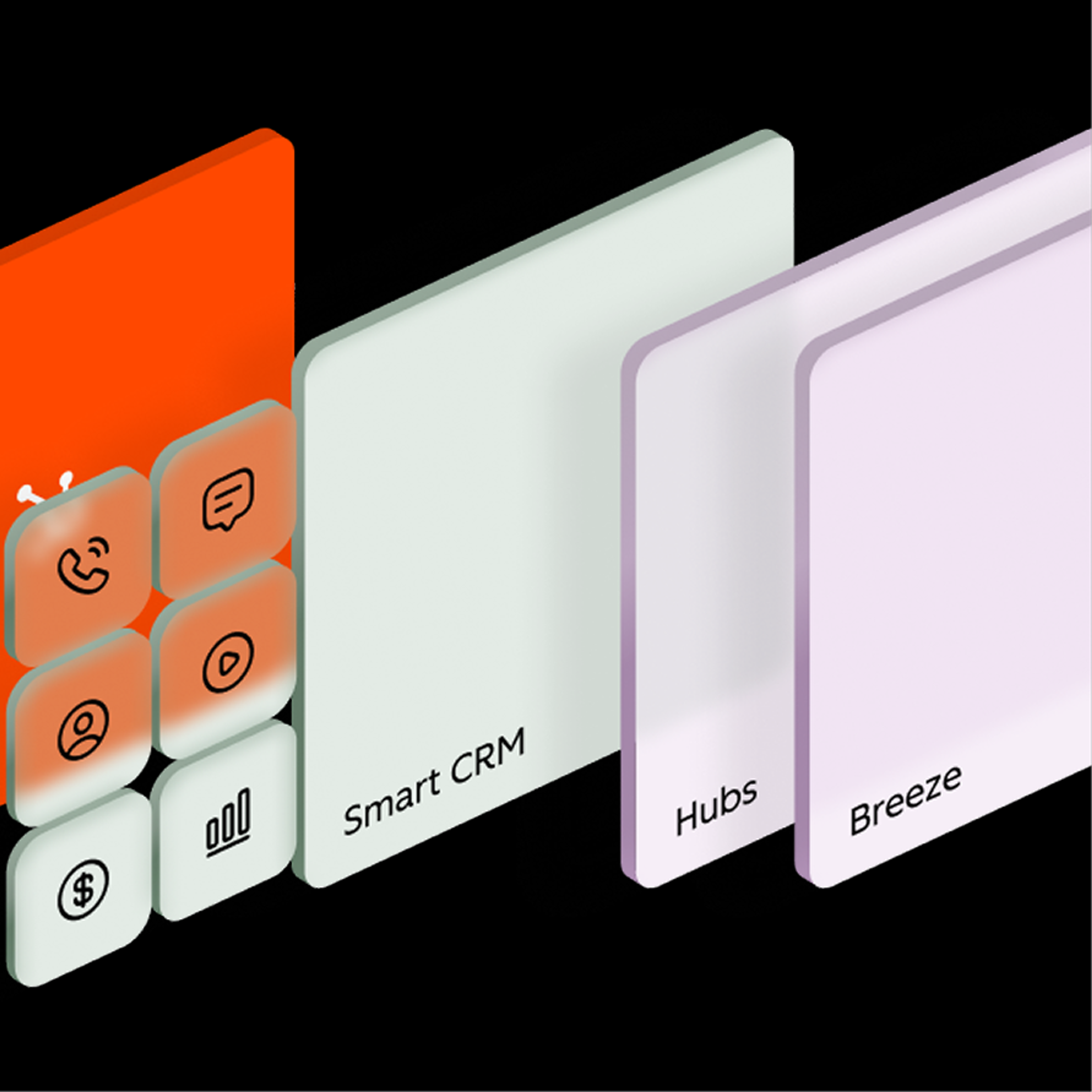 HubSpot's platform as layered panels — Smart CRM, Hubs and Breeze