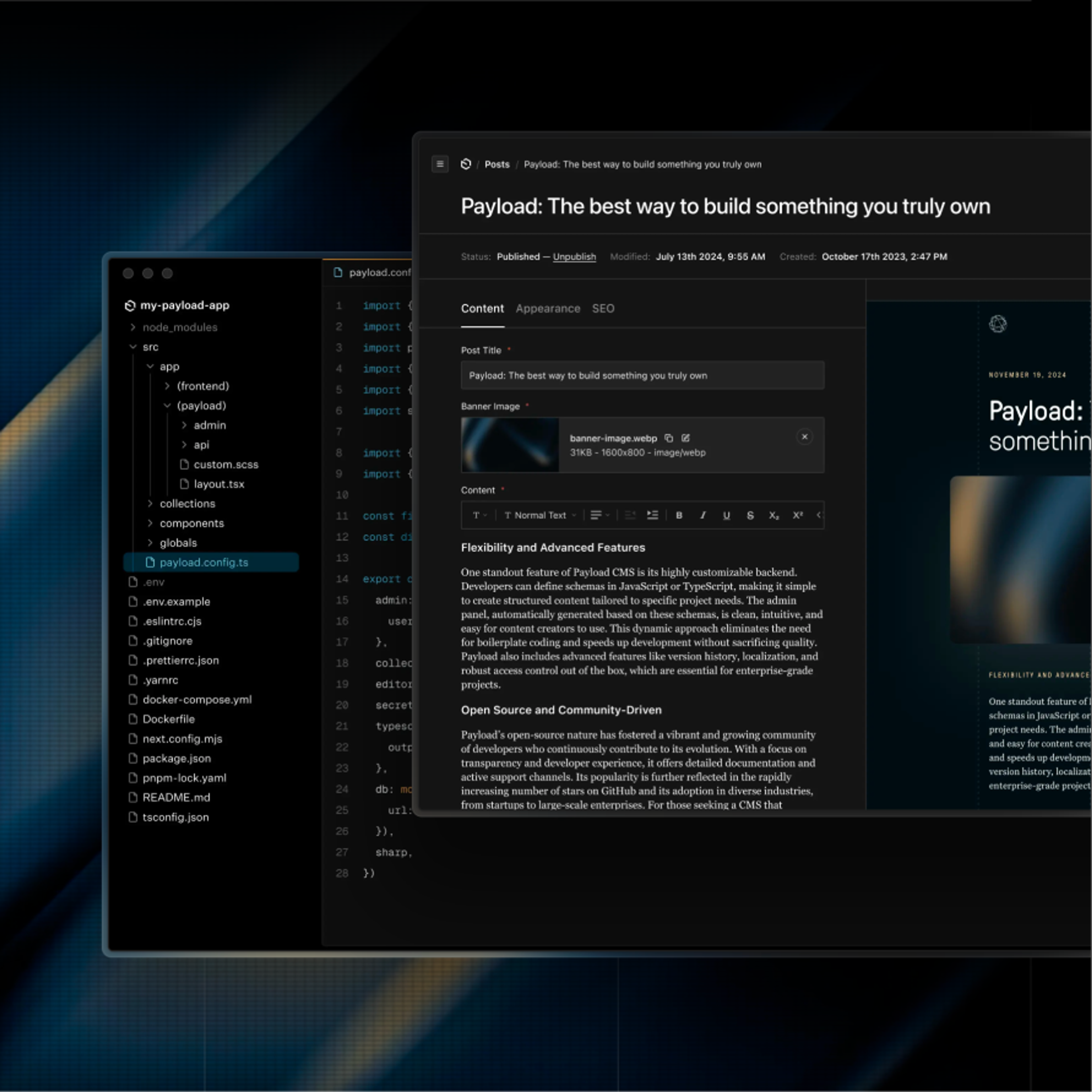 Payload CMS windows over a gradient background