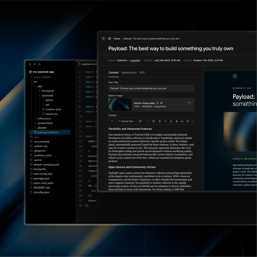 Payload CMS windows over a gradient background