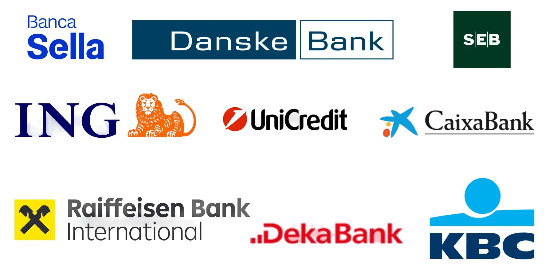 Les logo des banques ING (Pays-Bas), UniCredit (Italie), CaixaBank (Espagne), Danske Bank (Danemark), Raiffeisen Bank International (Autriche), KBC (Belgique), SEB (Suède), DekaBank (Allemagne) et Banca Sella (Italie) 