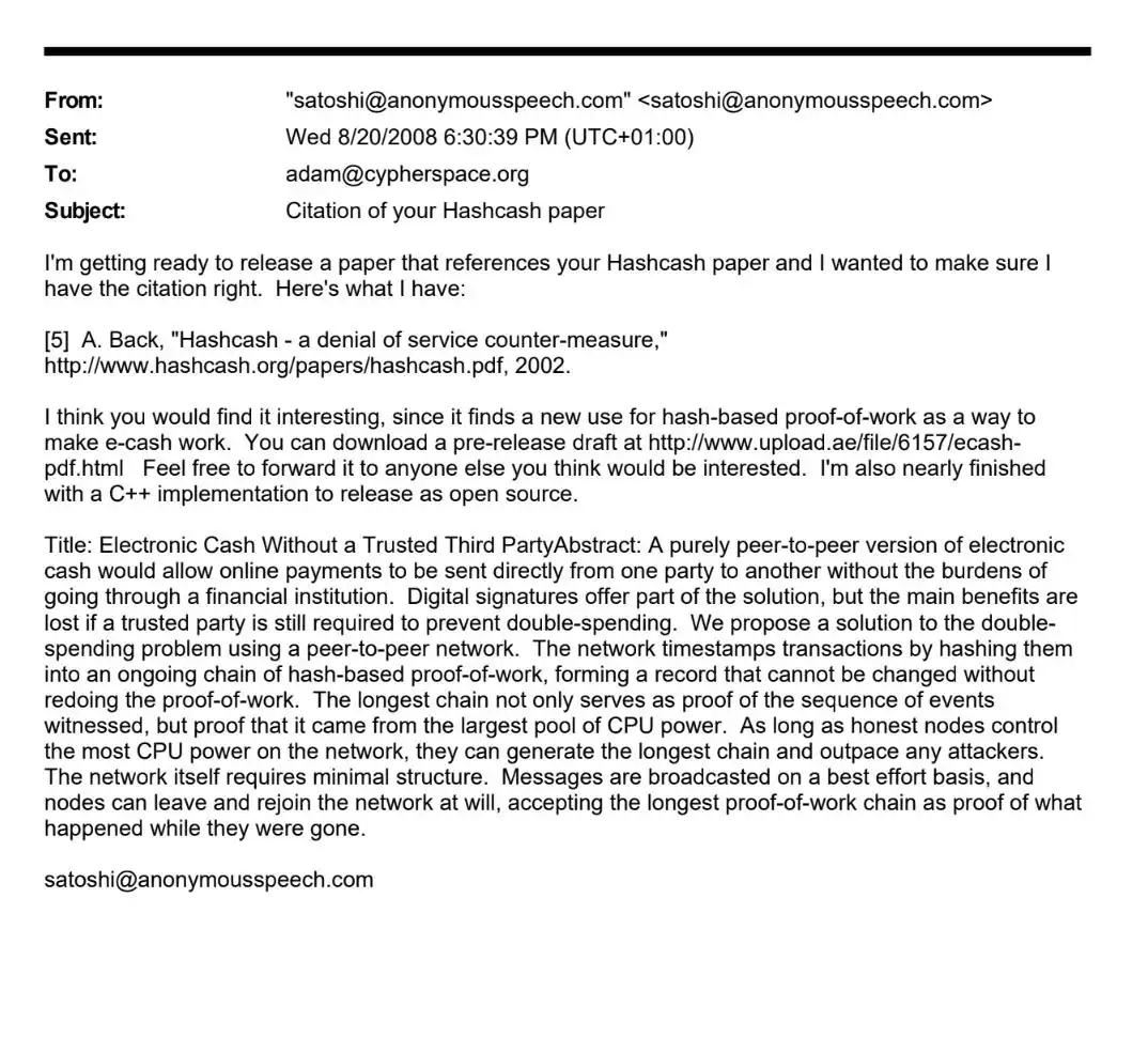  L'E-mail de Satoshi à Adam Back : Il y a 17 ans, l'Acte de Naissance de Bitcoin