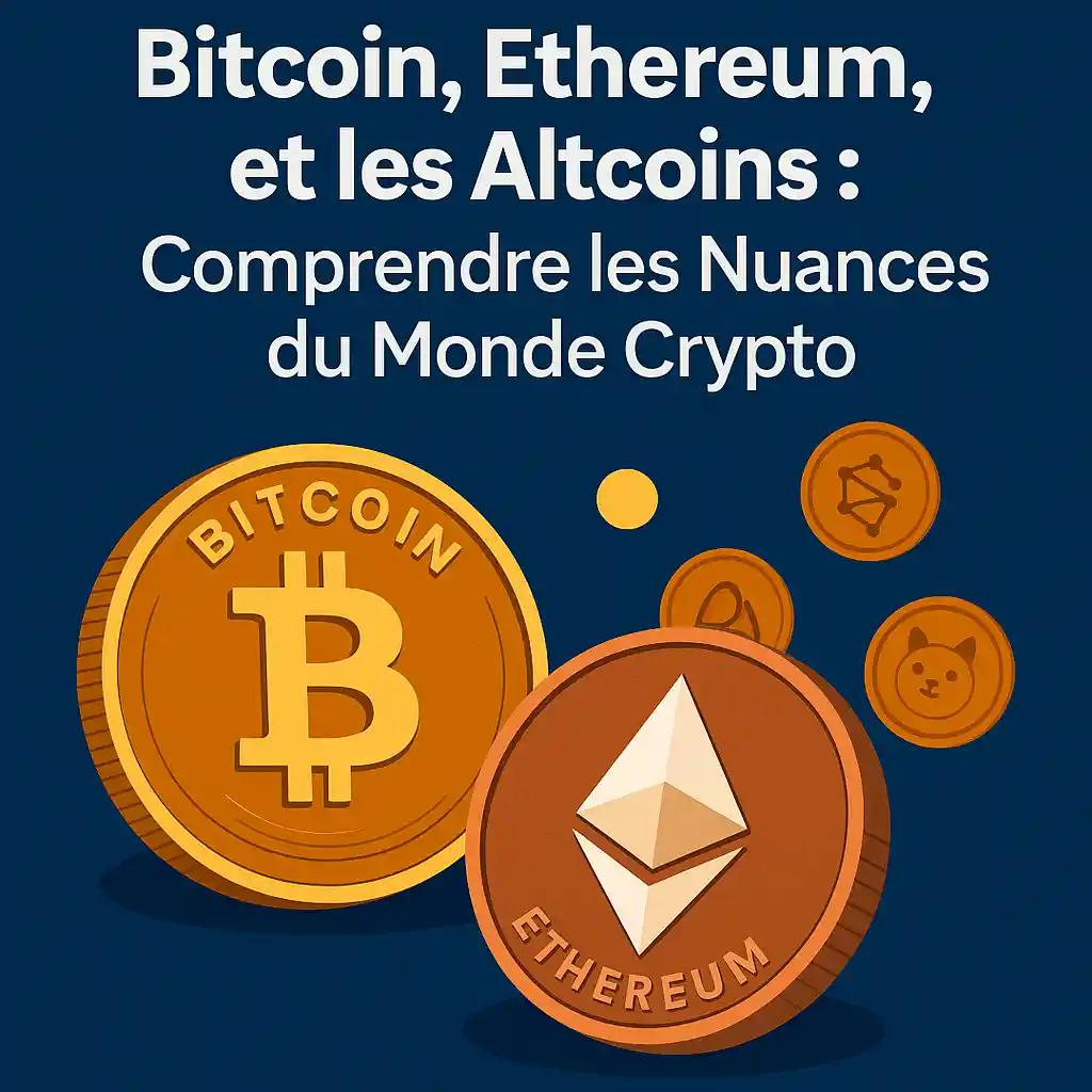 Image pour le guide Explorez les différences clés entre Bitcoin (or numérique), Ethereum (plateforme d'applications) et les Altcoins (innovation et spécialisation). Comprenez leurs rôles et technologies pour mieux investir.