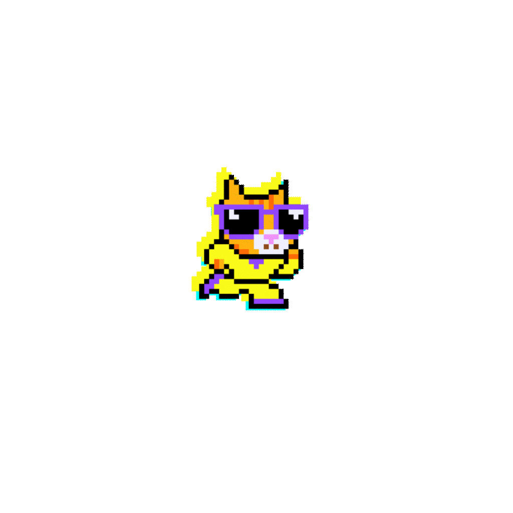 animated 8bit gif of a orange cat with purple sunglasses running in a yellow jump suite