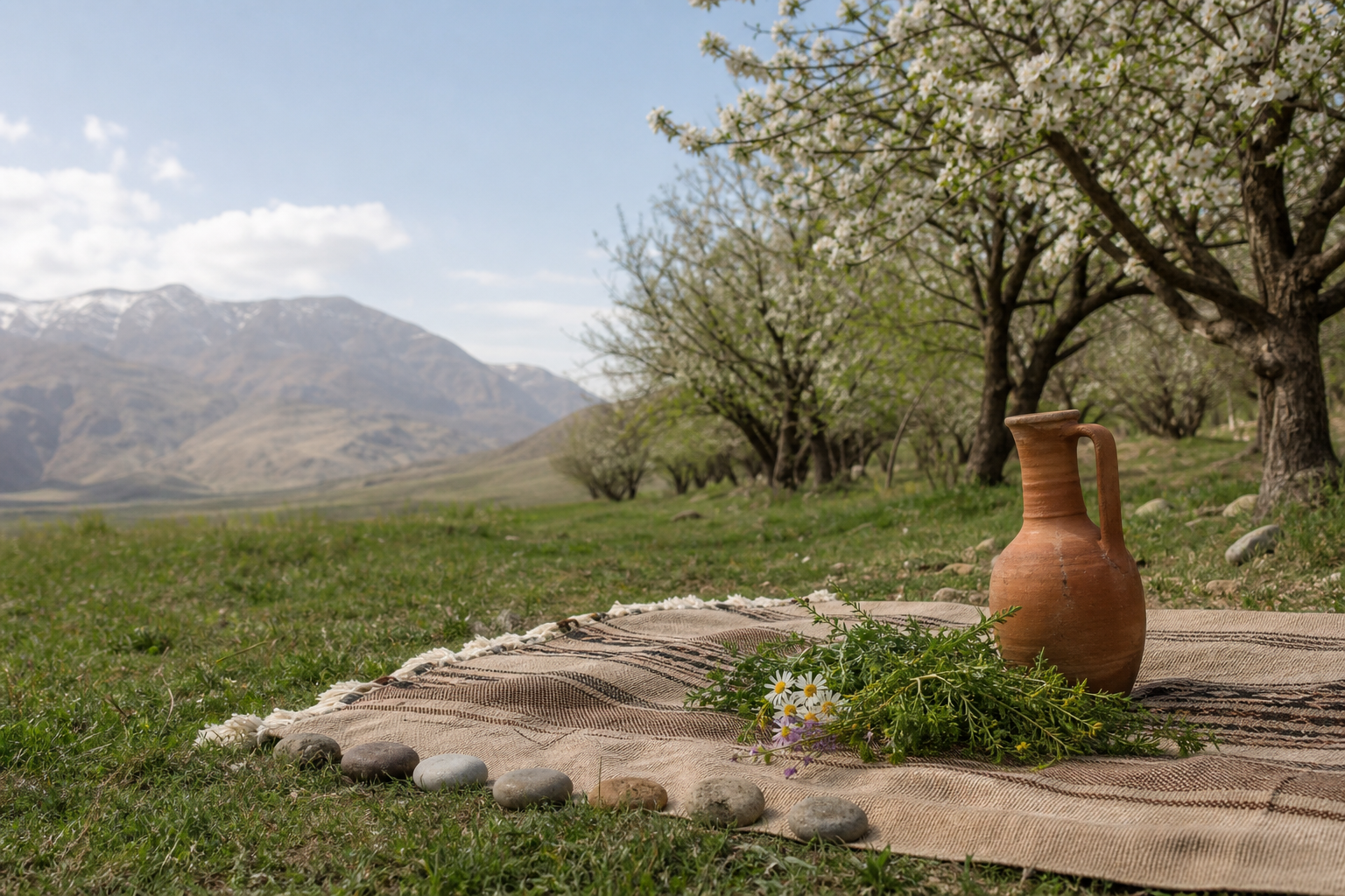 سەیرانی بەهار لە باخێکدا بە خەزف و ڕووەکی سەوز لەسەر بەڕەیەکی چنینراو