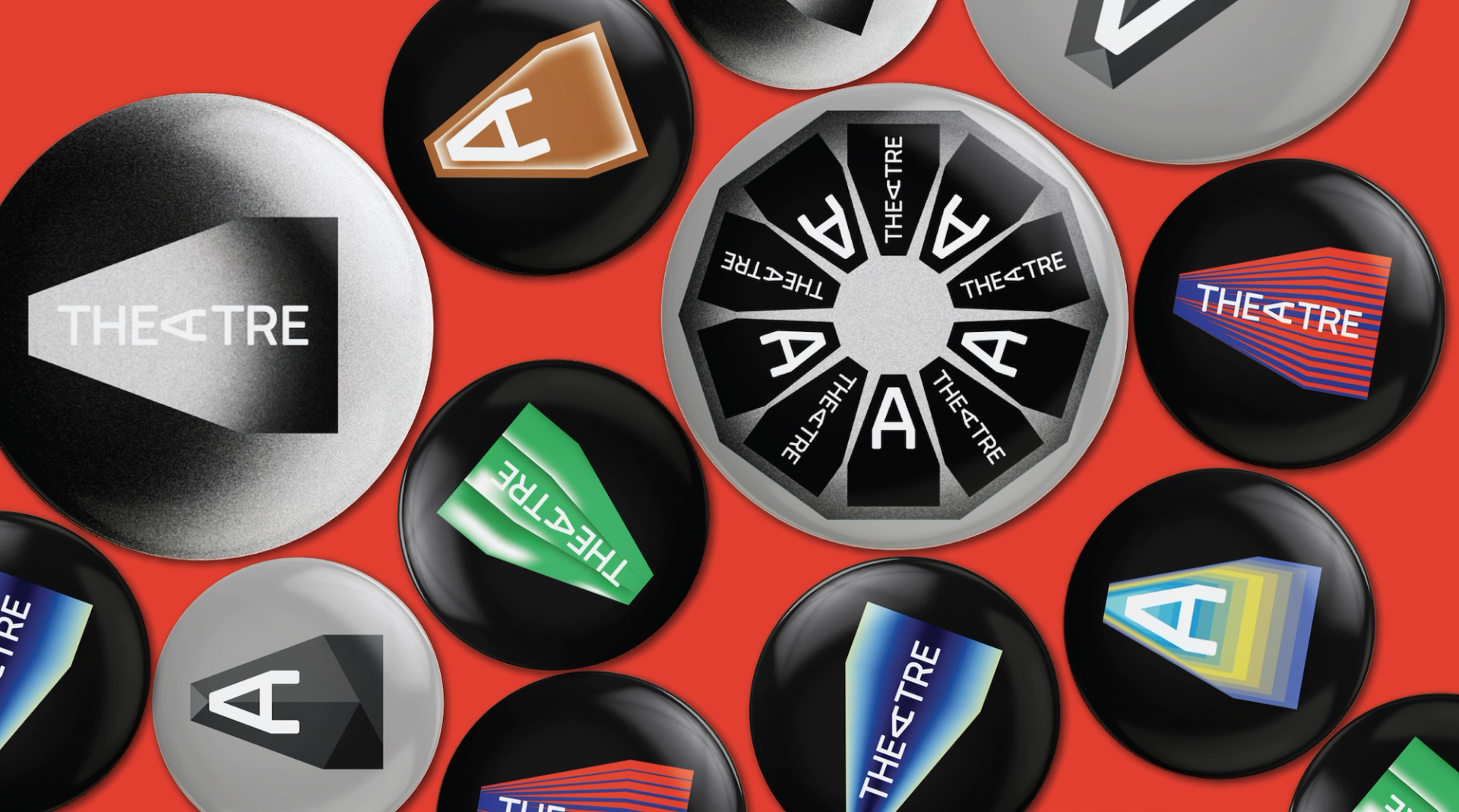 Assorted Coca Theatre pin designs on a red background