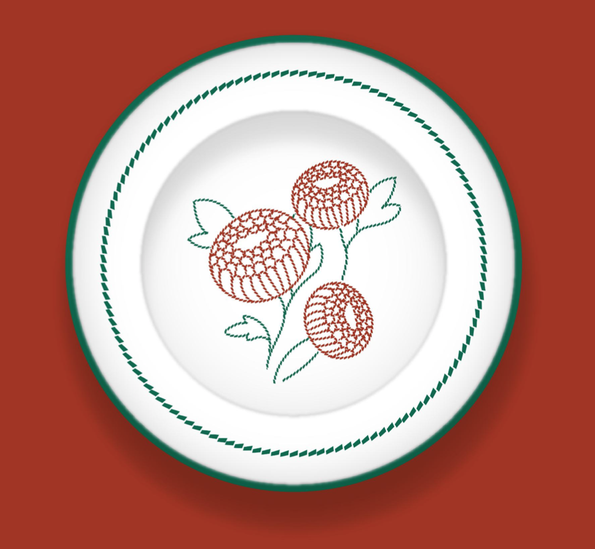 White plate with green rim and red floral illustration