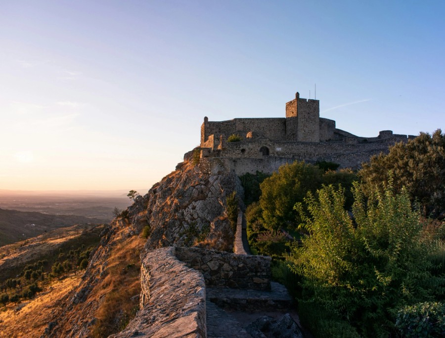 A castle sitting on top of a hill next to a forest at sunset