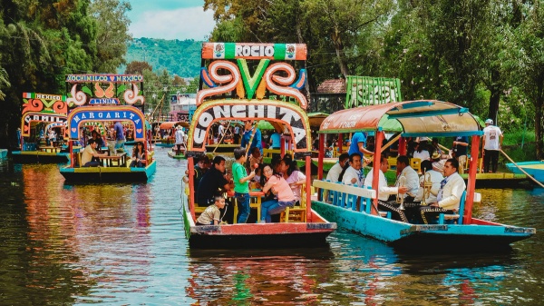 Colourful boats on a river in Mexico