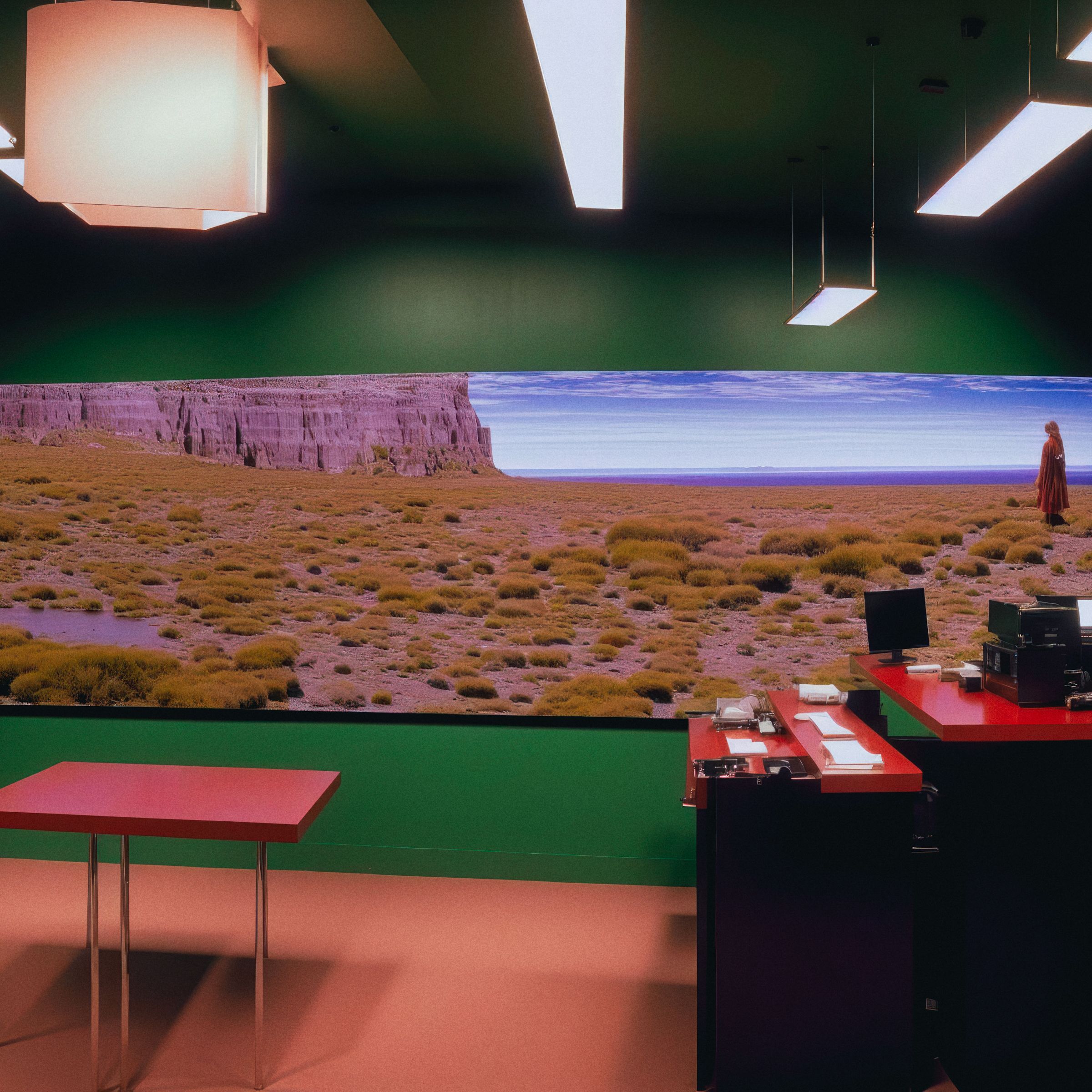 An office with red desks and green walls opening onto a wide desert landscape under a blue sky
