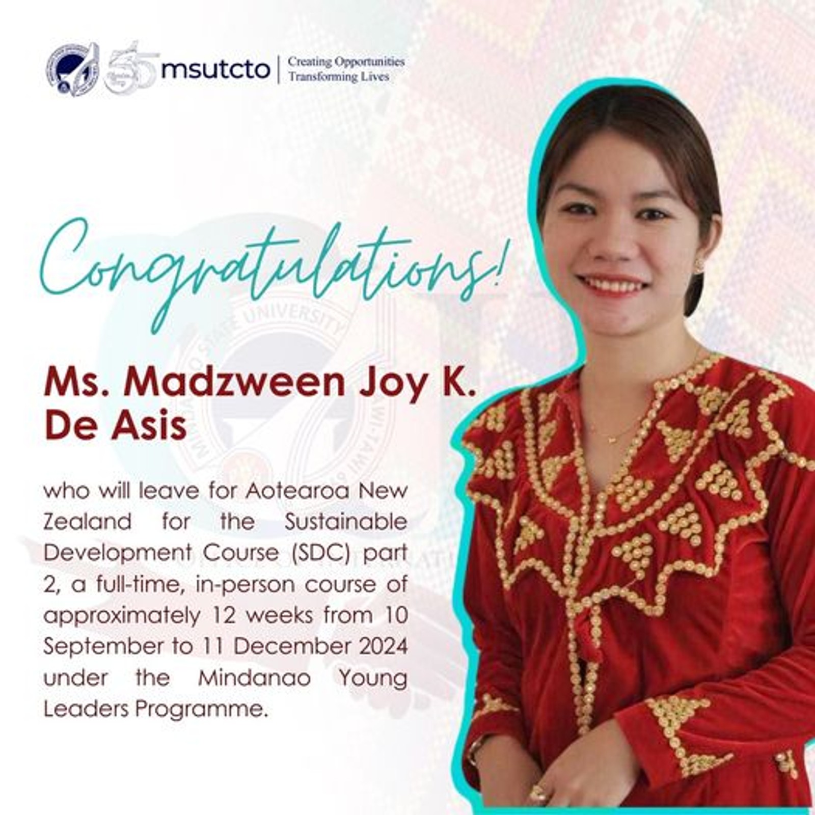 Safe and happy travels to Ms. Madzween Joy K. De Asis-Omar, Director of the MSU TCTO Institute for Peace and Development