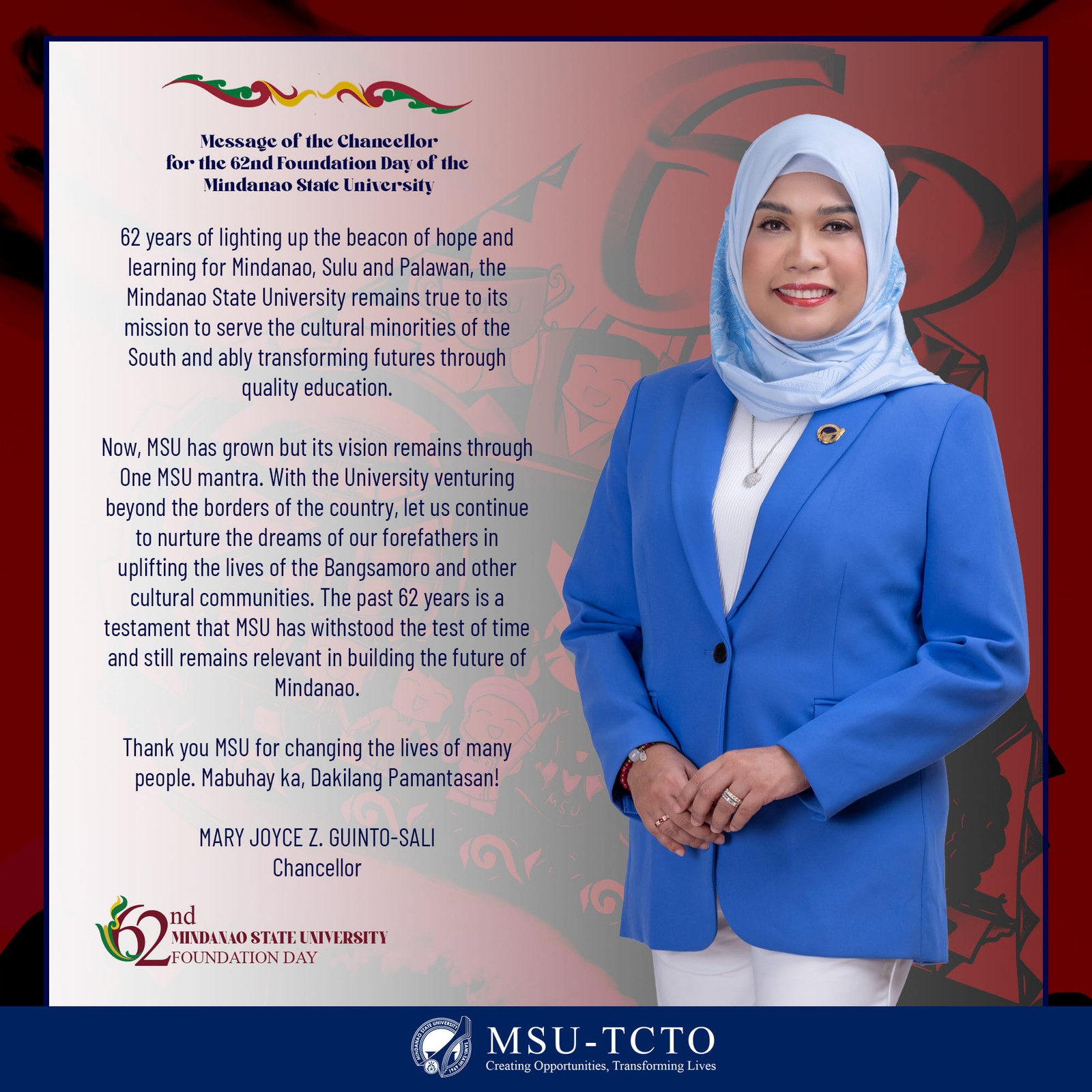 Message of the Chancellor for the 62nd Foundation Day of the Mindanao State University
