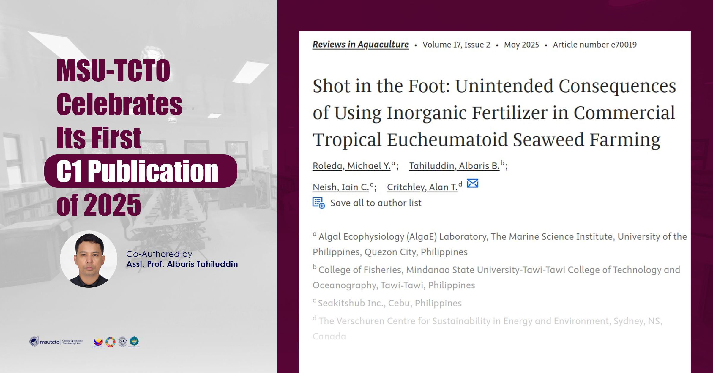 MSU-TCTO Celebrates Its First C1 Publication of 2025, Co-Authored by Asst. Prof. Albaris Tahiluddin