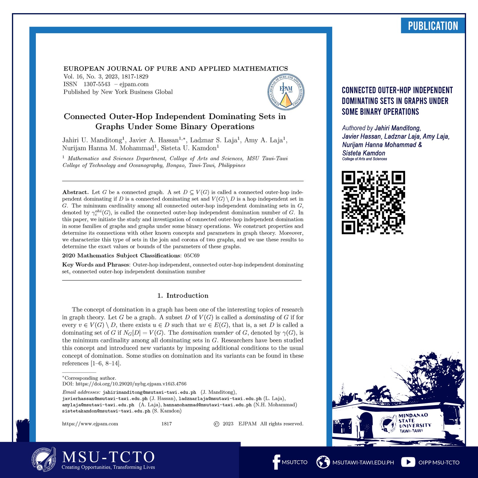 Connected Outer-Hop Independent Dominating Sets in Graphs Under Some Binary Operations