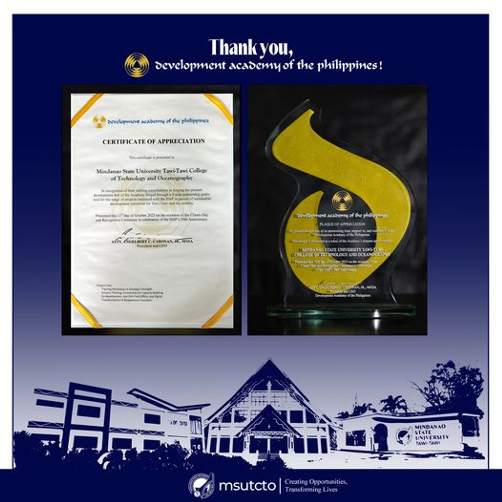 MSU-TCTO Earns Recognition from the Development Academy of the Philippines