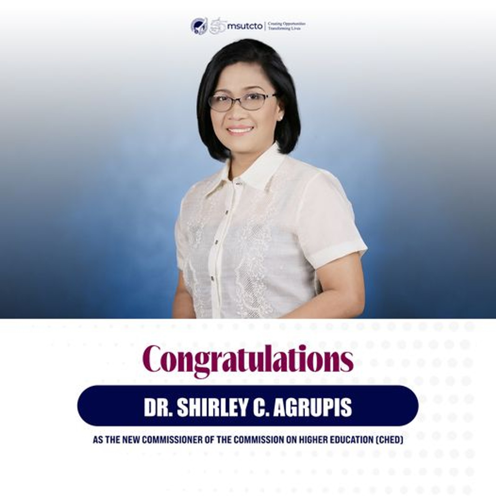 MSU-TCTO congratulates Dr. Shirley C. Agrupis 