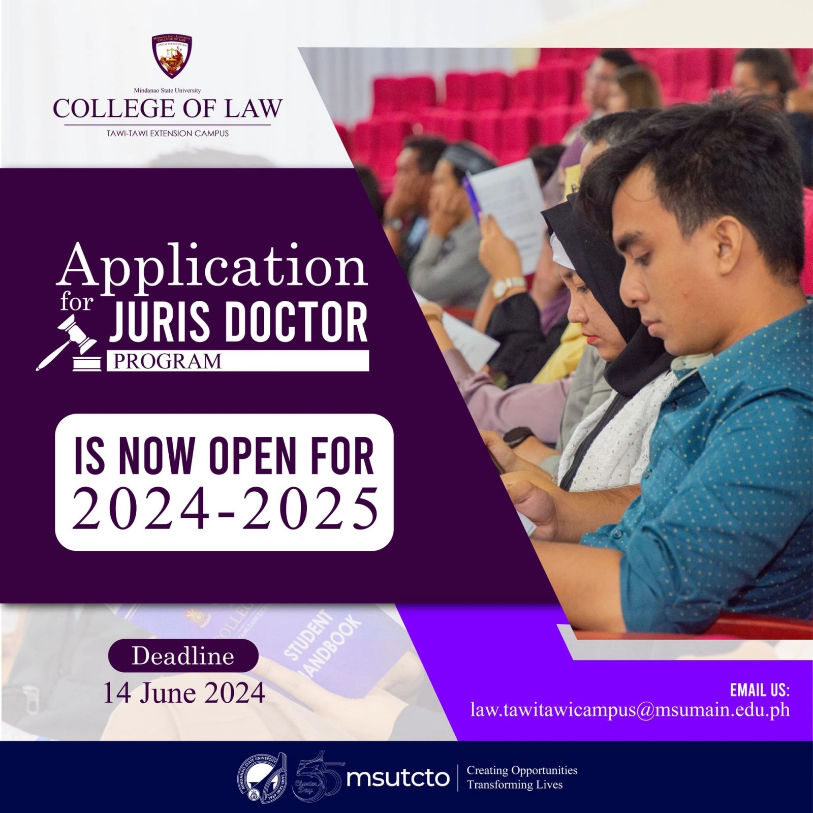 Application for the MSU Law Admission Test (MLAT) for MSU College of Law - Tawi-Tawi Extension Campus is now ongoing!