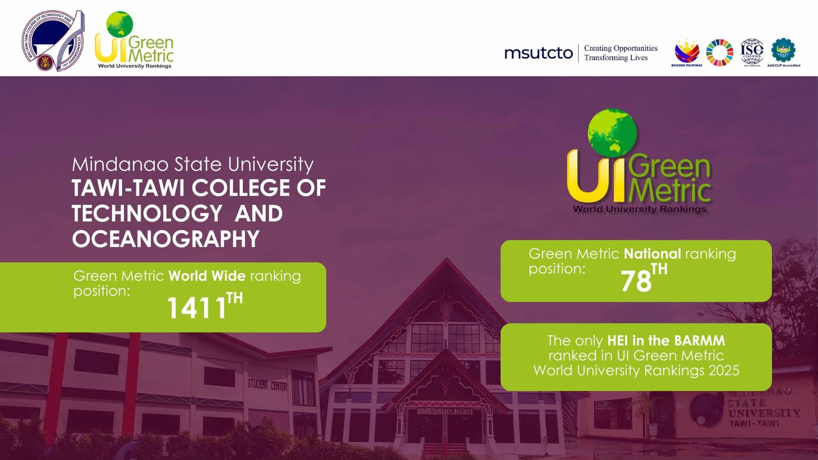 MSU TCTO Ranks Among UI GreenMetric Universities, Leading BARMM in Sustainability