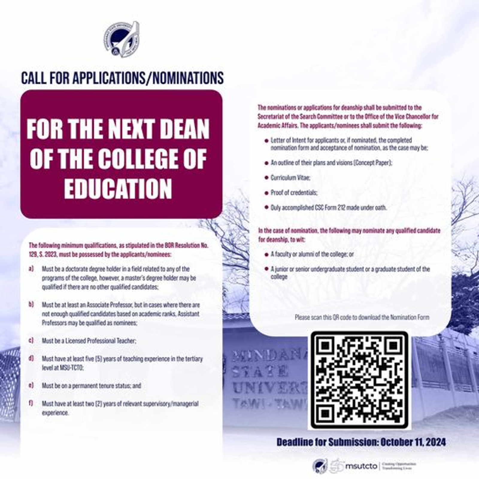  The Search Committee is now accepting 𝐚𝐩𝐩𝐥𝐢𝐜𝐚𝐭𝐢𝐨𝐧𝐬 𝐨𝐫 𝐧𝐨𝐦𝐢𝐧𝐚𝐭𝐢𝐨𝐧𝐬