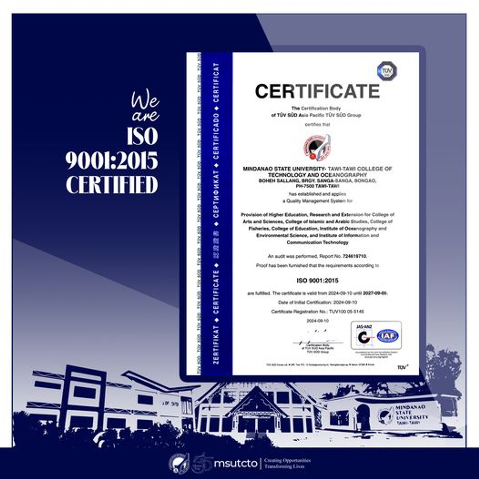 MSU-TCTO Recognized with ISO 9001:2015 Certification for Outstanding Quality Management