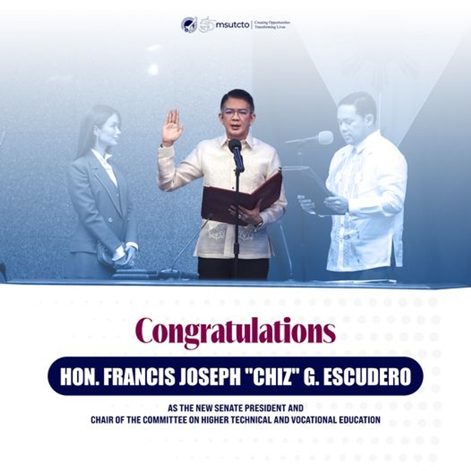 We wish to congratulate Senator Chiz Escudero for his election as the new Senate President and Chairperson of the Senate Committee on Higher, Technical and Vocational Education (CHTVE).