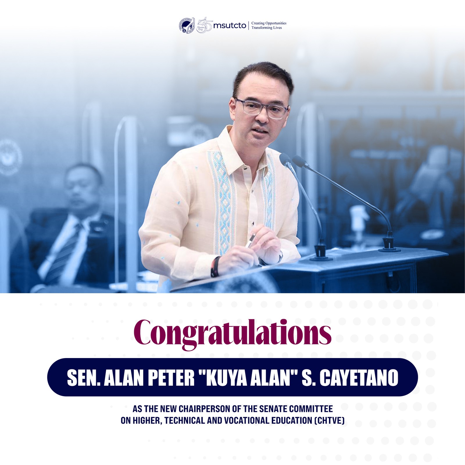 We wish to congratulate Senator Alan Peter "Kuya Alan" S. Cayetano