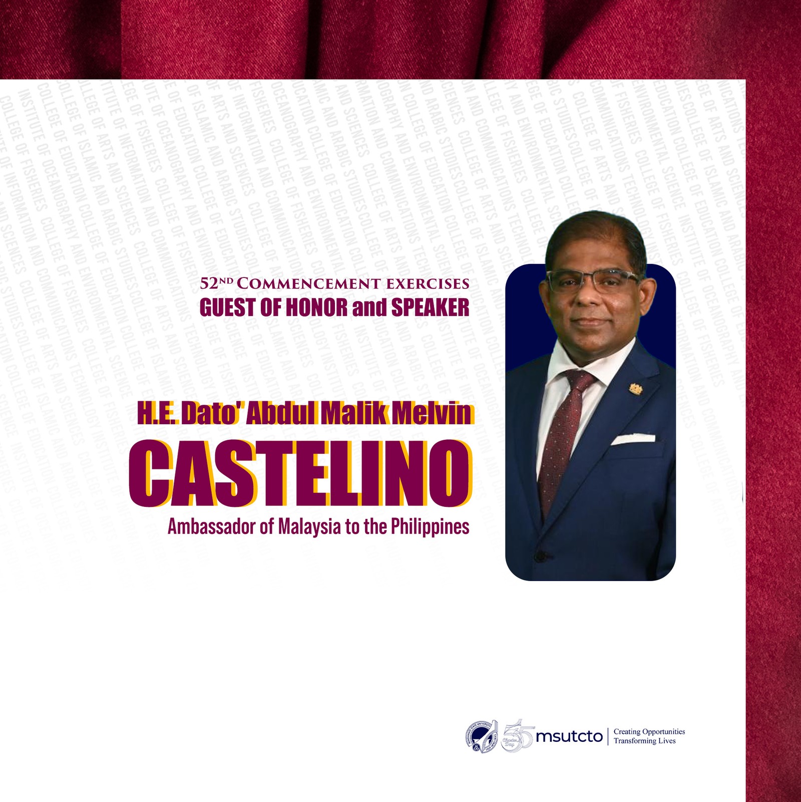 Mindanao State University - Tawi-Tawi College of Technology and Oceanography is honored to announce that the Malaysian Ambassador