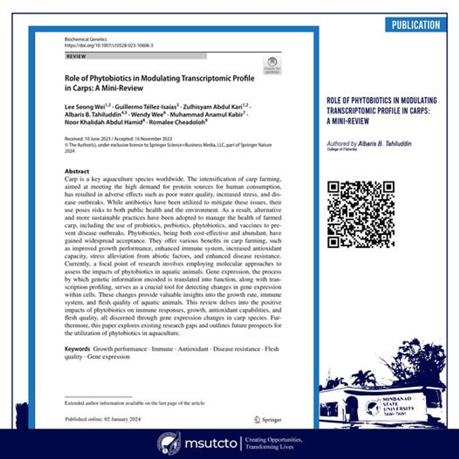 Assistant Professor Albaris B. Tahiluddin made a significant contribution to the field of Biochemical Genetics with his recent publication in the Scopus/SCI-indexed journal