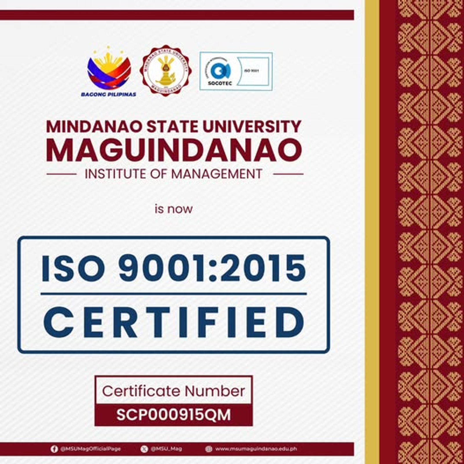  MSU-Maguindanao Institute of Management Renews ISO 9001:2015 Certification by SOCOTEC Philippines Inc.