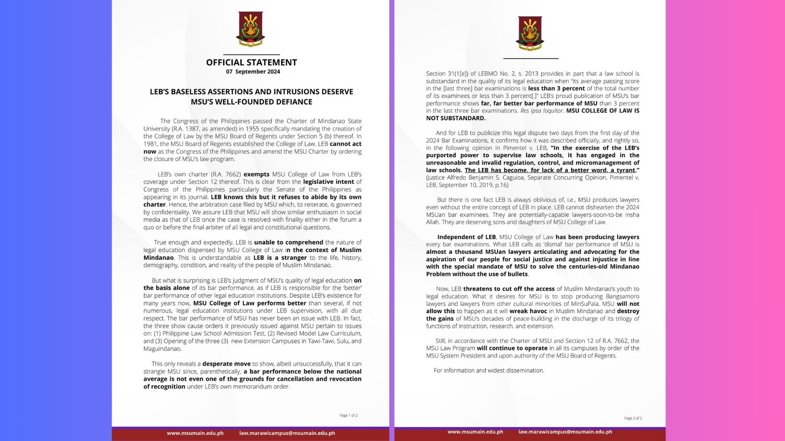 OFFICIAL STATEMENT of the Mindanao State Univesity on LEB's Closure Order Against the MSU Law Program