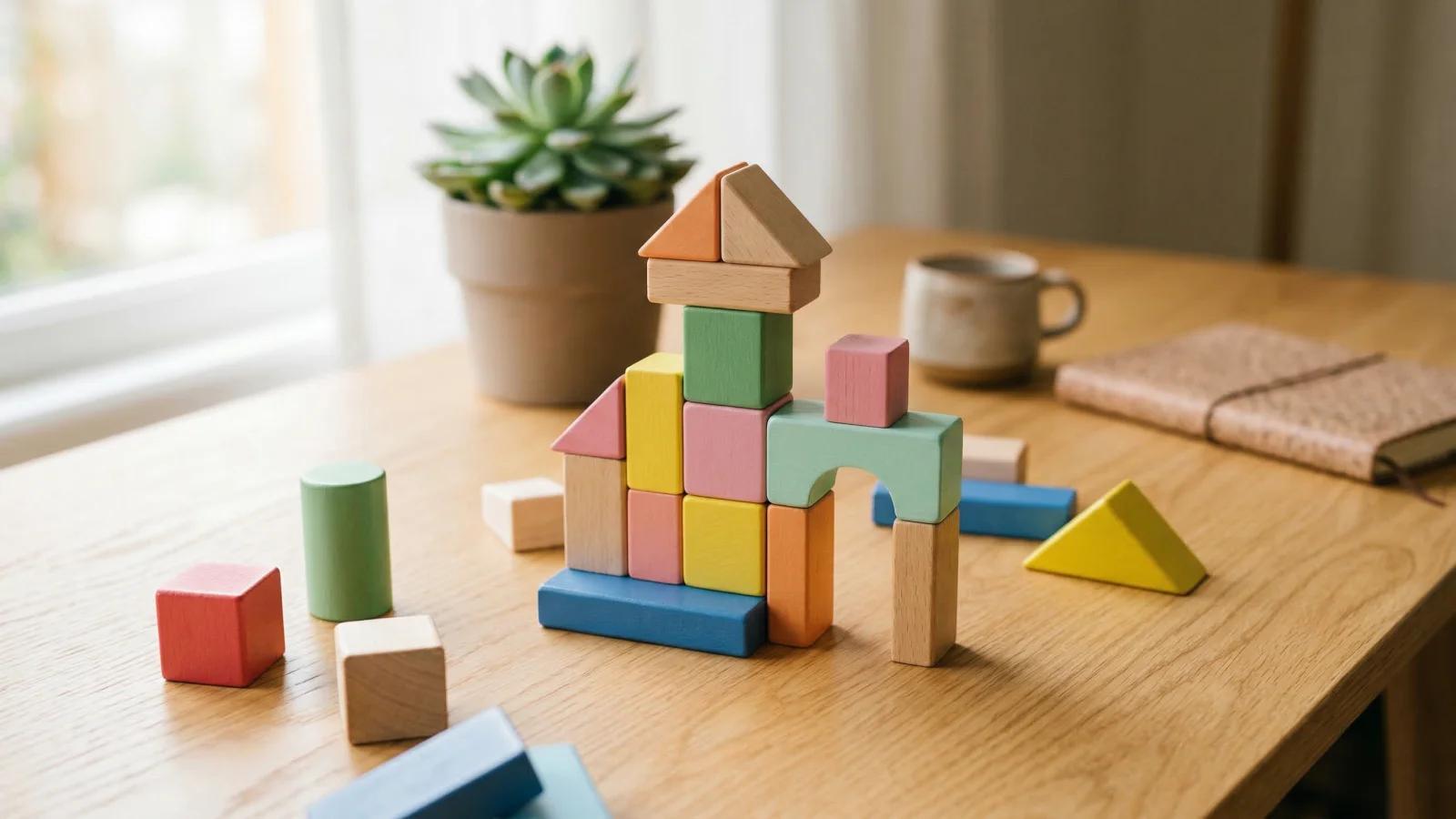 Kleurrijke houten bouwblokken gestapeld op een bureau — symbool voor stap voor stap een app bouwen zonder programmeerervaring