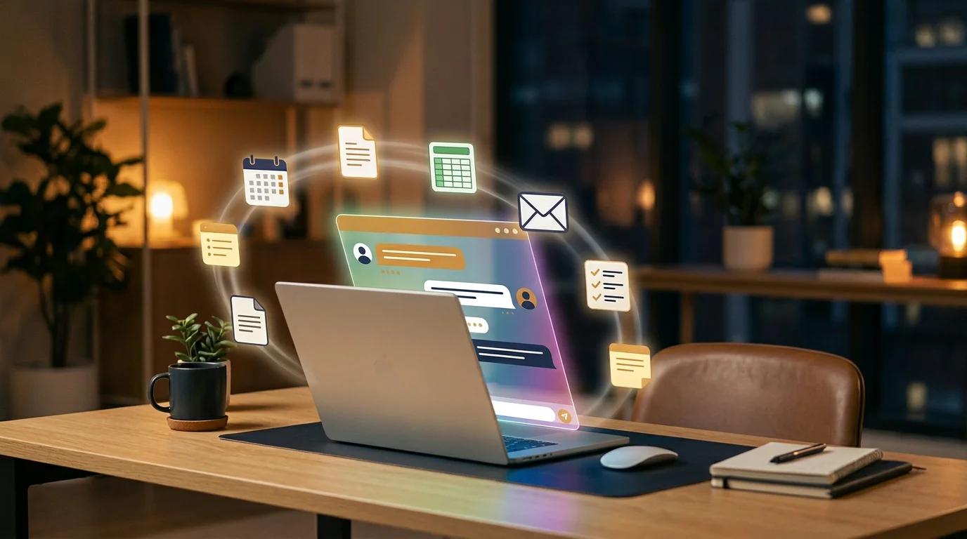 Laptop op een bureau met zwevende iconen voor kalender,   mail, spreadsheet en documenten in een gloeiende cirkel —   AI-tools die dagelijkse werktaken direct overnemen