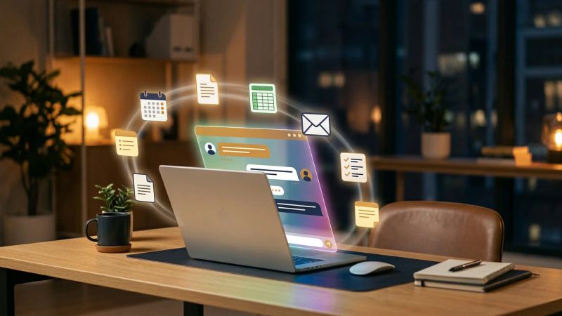 Laptop op een bureau met zwevende iconen voor kalender, mail, spreadsheet en documenten in een gloeiende cirkel — AI-tools die dagelijkse werktaken direct overnemen