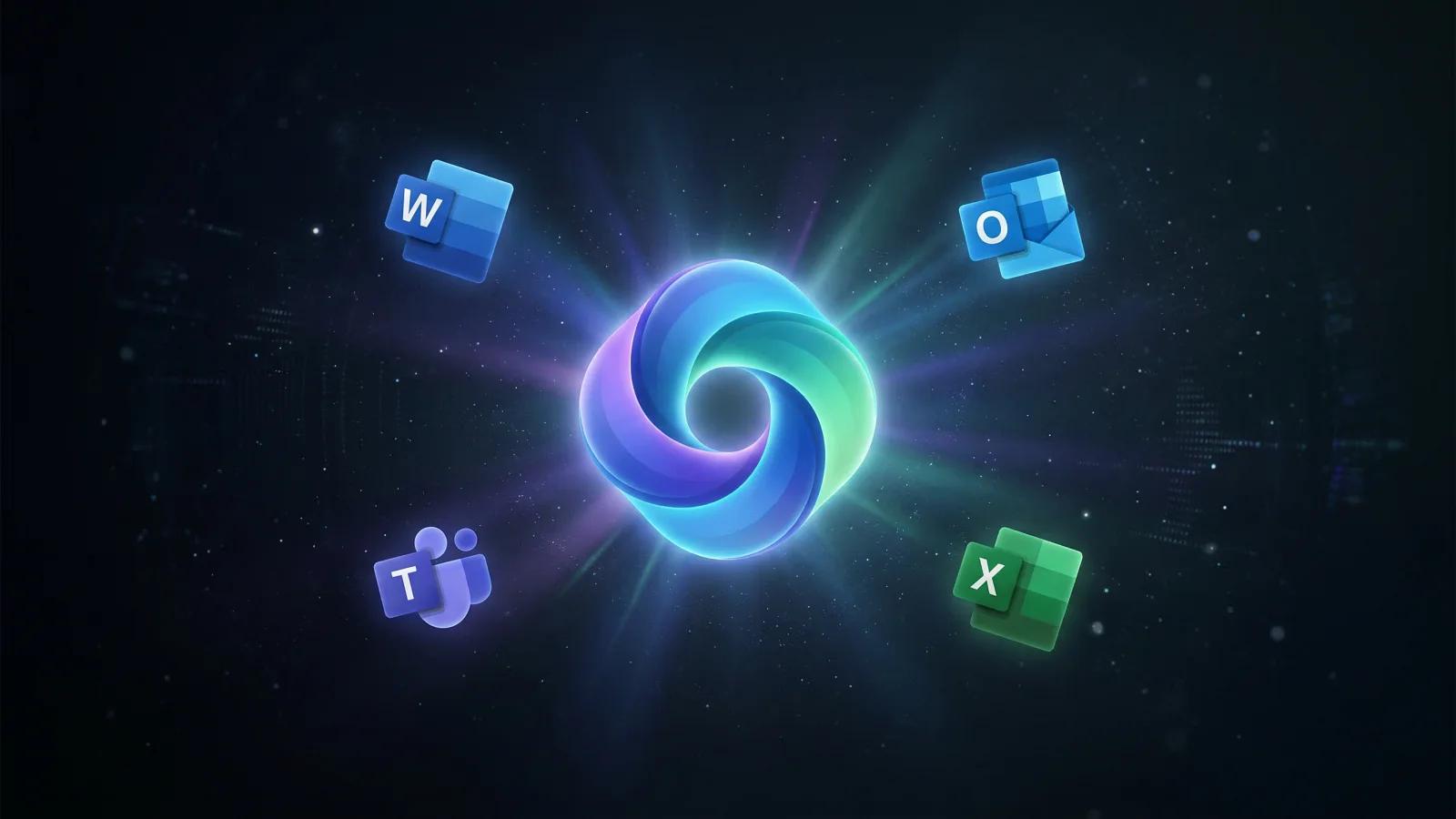 Microsoft Copilot-logo omringd door iconen van Word, Outlook, Teams en Excel — AI geïntegreerd in Microsoft 365