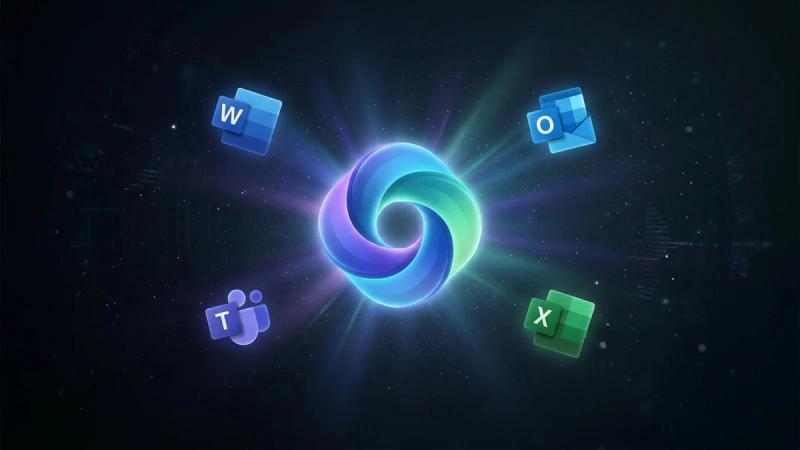 Microsoft Copilot-logo omringd door iconen van Word, Outlook, Teams en Excel — AI geïntegreerd in Microsoft 365