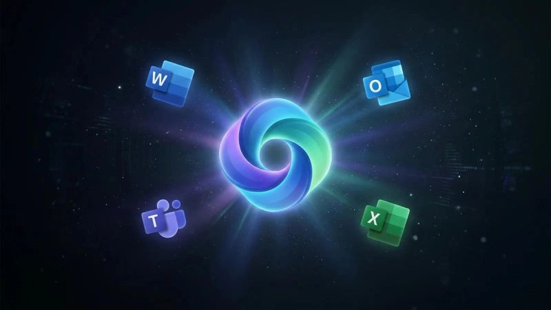 Microsoft Copilot-logo omringd door iconen van Word, Outlook, Teams en Excel — AI geïntegreerd in Microsoft 365