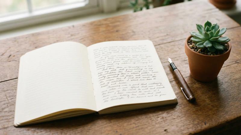 Opengeslagen notitieboek vol handgeschreven tekst met een    vulpen ernaast op een houten bureau — de kunst van het   schrijven als metafoor voor het formuleren van de perfecte   prompt