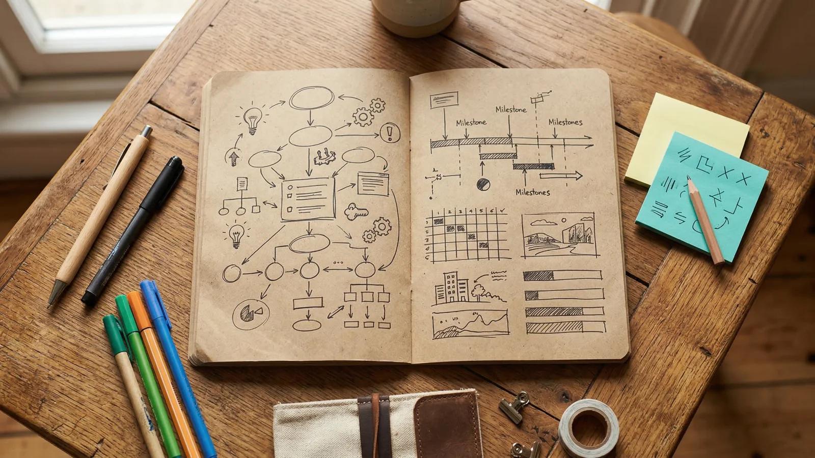 Opengeslagen notitieboek met handgetekende stroomdiagrammen en planningsschetsen — symbool voor een op maat gemaakt teamproces