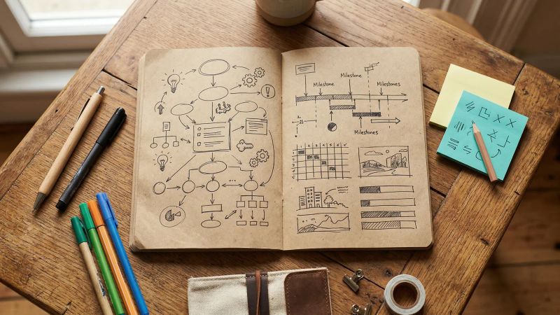 Opengeslagen notitieboek met handgetekende stroomdiagrammen en planningsschetsen — symbool voor een op maat gemaakt teamproces