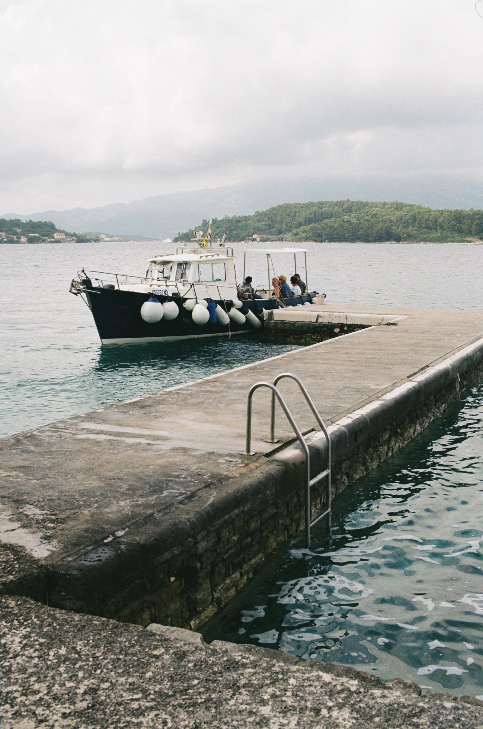 A dark blue passenger boat moored beside a stone pier with a metal ladder into calm harbor water, wooded coastline behind.