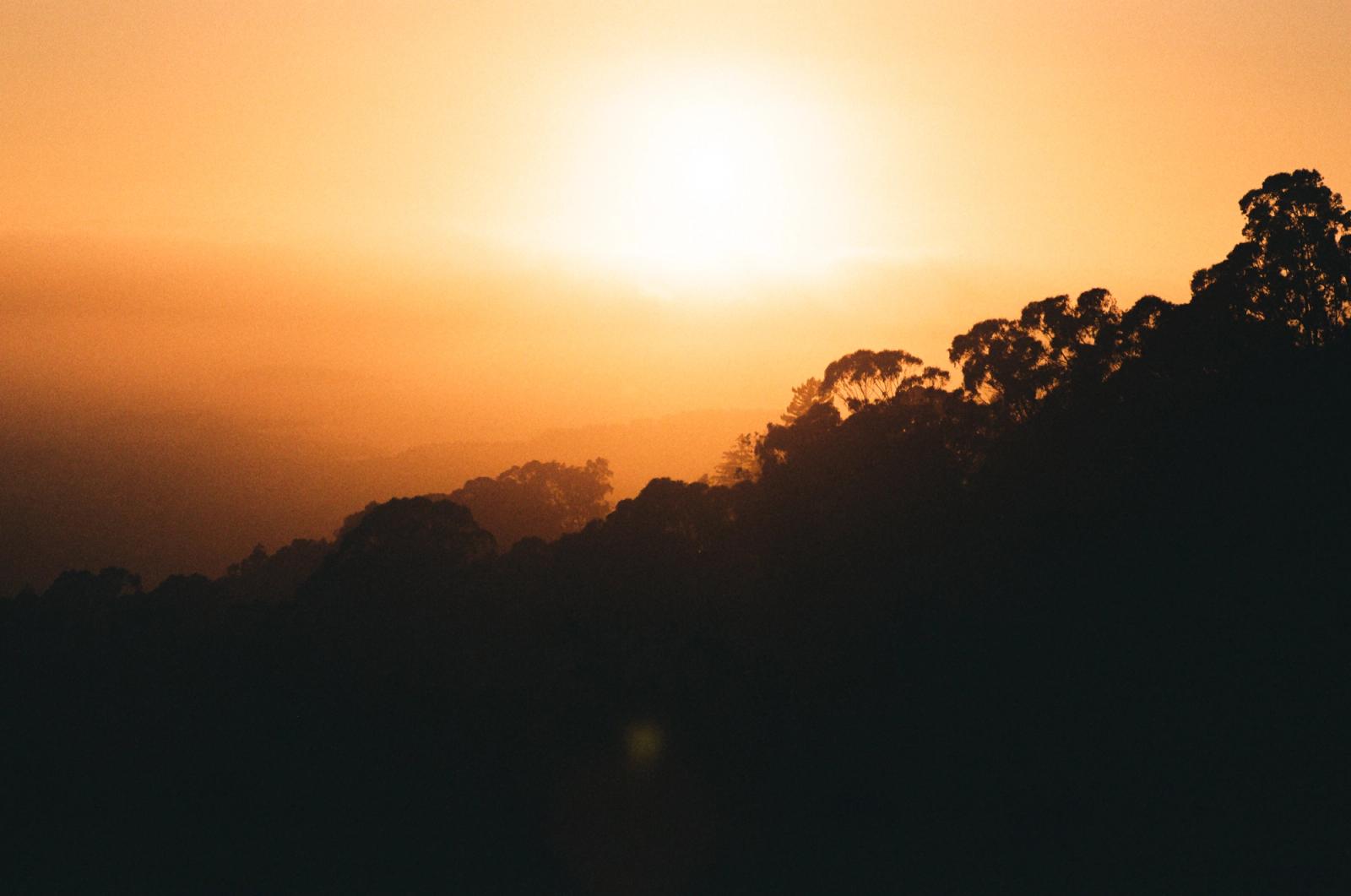 The sun burns low and orange through haze above receding ridgelines and the ragged silhouette of eucalyptus trees.