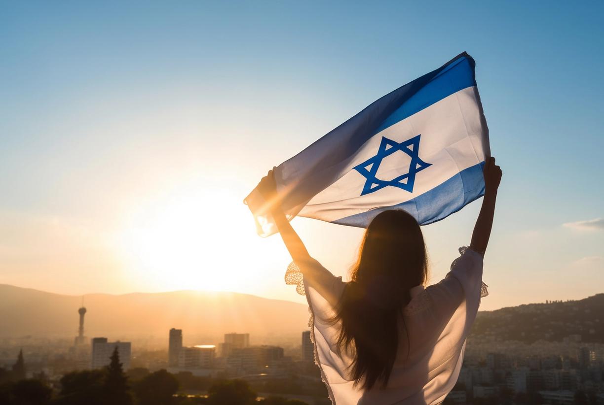 A woman holding up the Israeli flag at sunset over Jerusalem