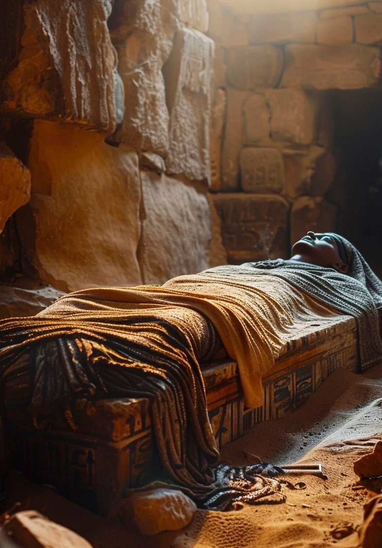 A figure resting wrapped in cloth within a stone tomb