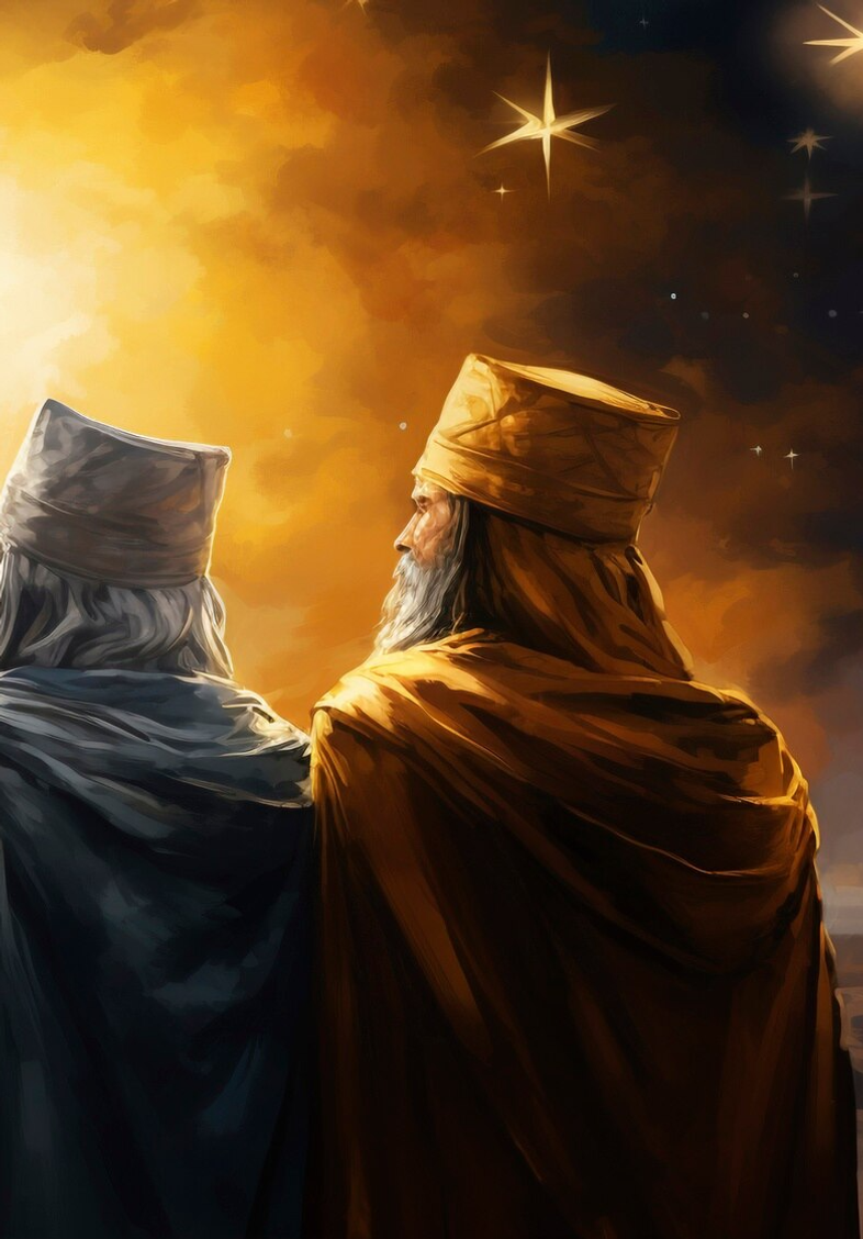 Three robed figures walking toward a golden sunrise