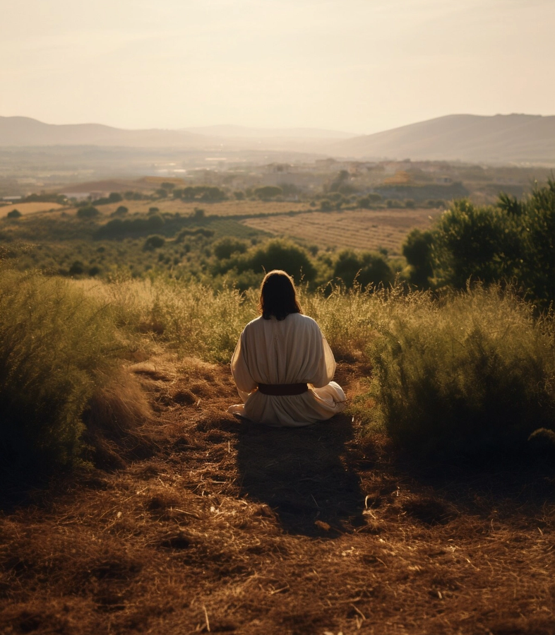 A figure resting in a field at golden hour
